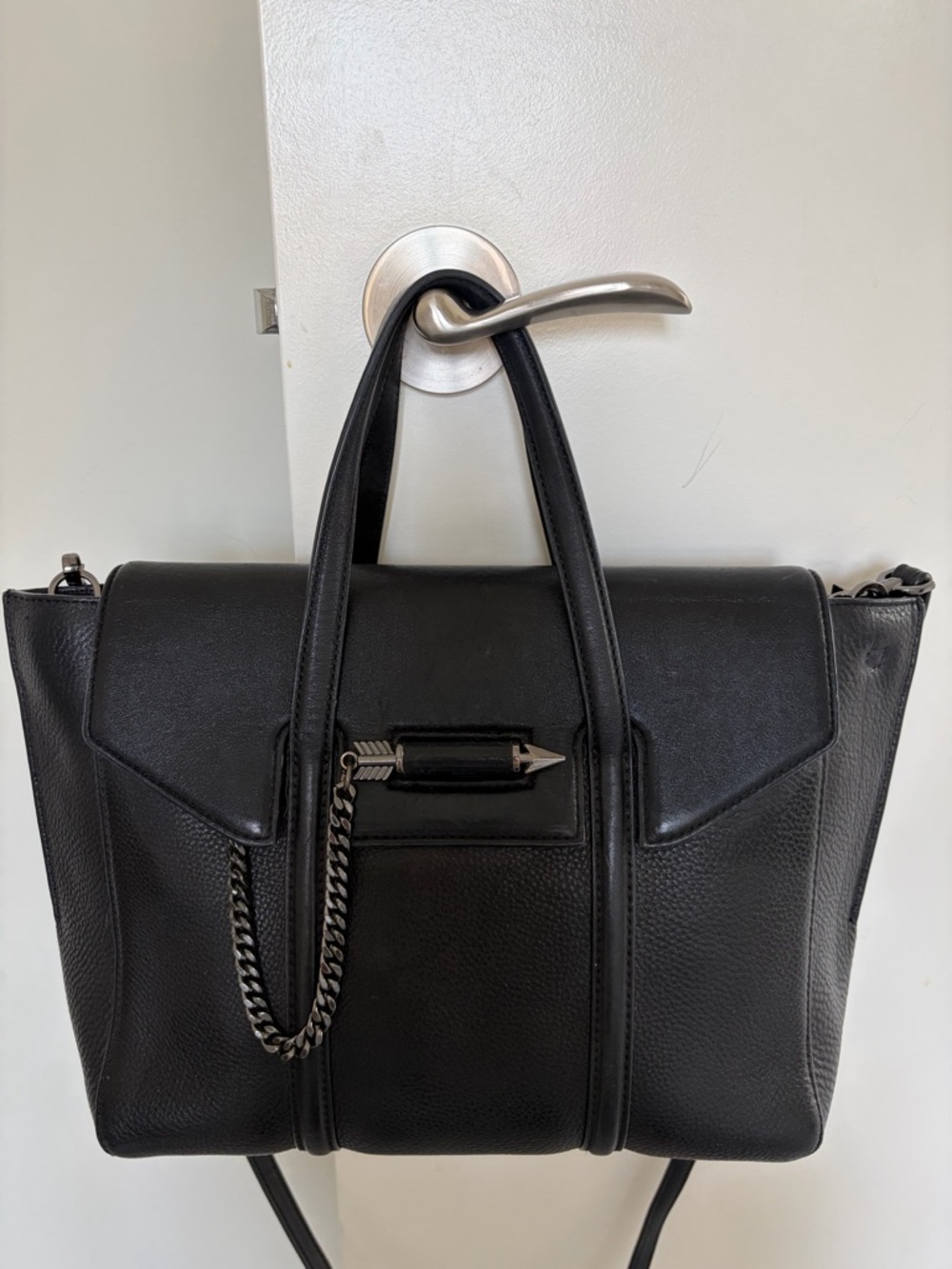 Authentic Mackage Black Leather Structured Shoulder Bag with Silver Arrow Accent
